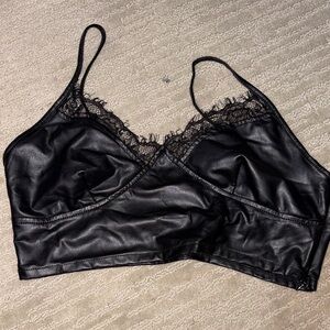 SHEIN Black Faux Leather Lace-Trim Bralette